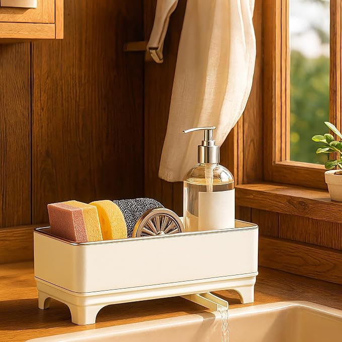 MOUKABAL Rotating Drain Sponge Holder for Kitchen Sink Off-white | Rustproof Stainless Steel/Large Capacity/Keeps Counter Dry/Removable Tray/Soap Bottle Holder by MOUKABALGREATHELPER
