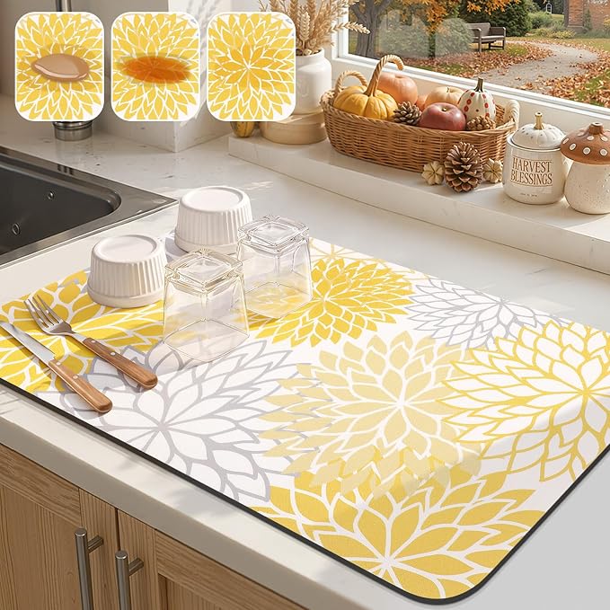 Findosom Fall Dish Drying Mat, 12" x 20" Super Absorbent Dish Mat with Floral, Hide Stain Drying Mat for Kitchen Counter, Under Dish Rack, Coffee Maker, Espresso Machine, Yellow by Findosom