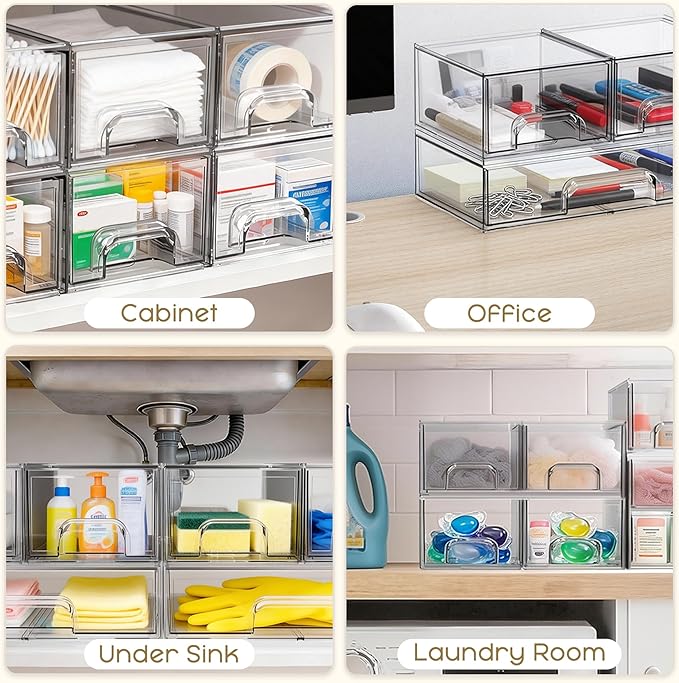 Stackable Storage Drawers, 3 Pack Clear Acrylic Makeup & Bathroom Organizer, Versatile Storage Bins for Vanity, Under Sink, Kitchen Cabinets & Pantry - Image 6