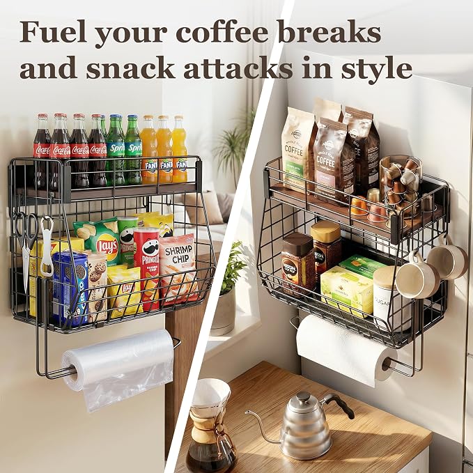 2 Pack Magnetic Spice Rack for Fridge with Paper Towel Holder andf 4 Hook | Fruit Basket Kitchen Storage and Organizer, Full‑Enclosed Magnetic Shelf 33 lbs for Laundry, Pantry, Coffee Bar and RV - Image 7