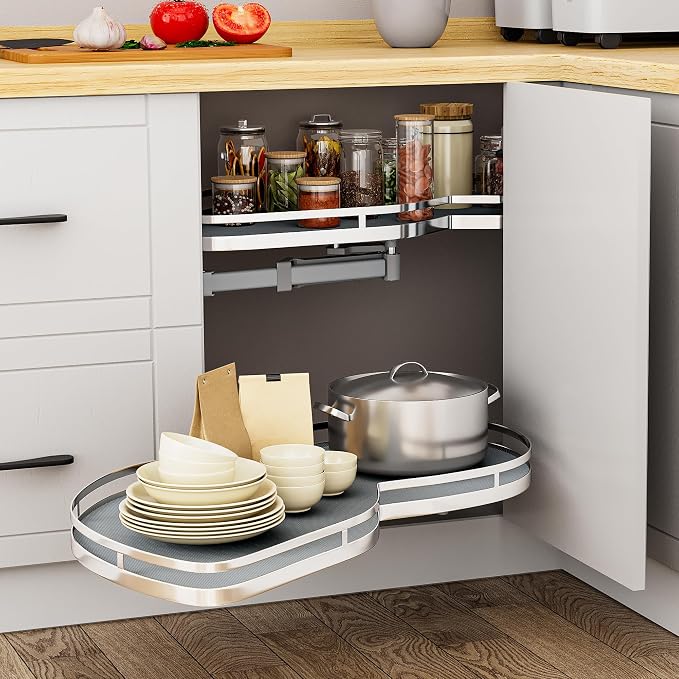 YITAHOME 32" Blind Corner Pull-Out Organizer | Soft-Close Swing-Out 2-Tier Height-Adjustable Lazy Susan, Left Swing Pull Out Organizer, Gray by YITAHOME