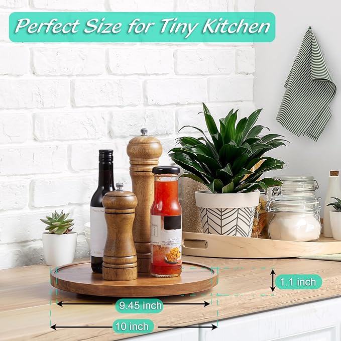 10" Acacia Wood Lazy Susan Turntable Organizer for Cabinet, Round Serving Tray Decorative Tray Vintage Centerpiece Candle Holder Tray, Farmhouse Tray for Kitchen Countertop Coffee Table Decor - Image 3