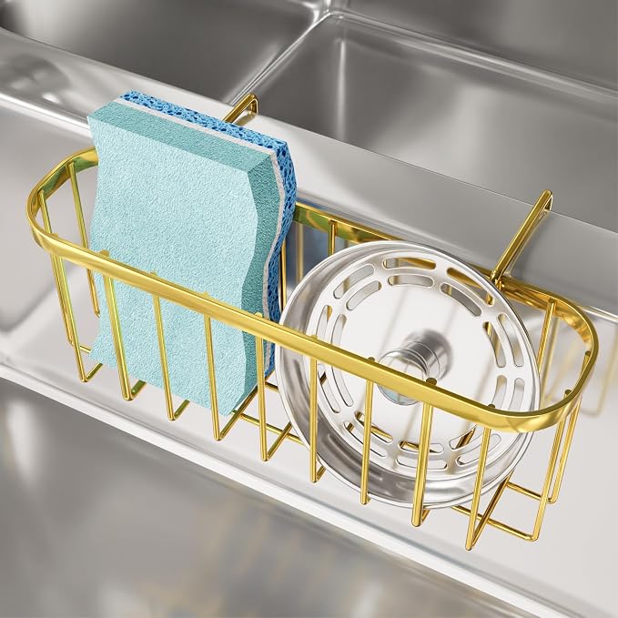 SWTYMIKI Sponge Holder for Kitchen Sink, Kitchen Sink Caddy Rustproof Sponge Caddy for Hanging 1.5” Middle Divider Double Bowl Sinks, No Suction Cups, Gold by SwtyMiki-TidyHomeSweetLife