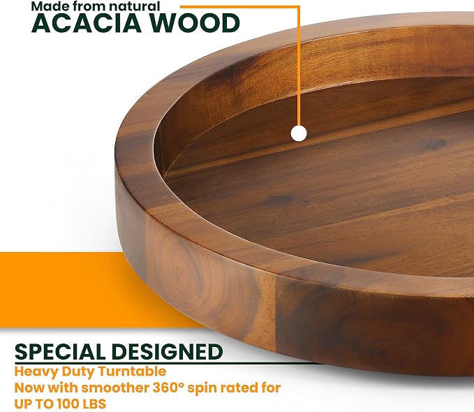 TIDITA 10" Wooden Lazy Susan Organizer for Cabinet, 360° Rotation, High Rim | Solid Acacia Wood, Non-Skid Pads, Swivel Round Lazy Susans Turntable for Countertop, Decorative Tray, Cheese Board, Multi-Use - Image 2