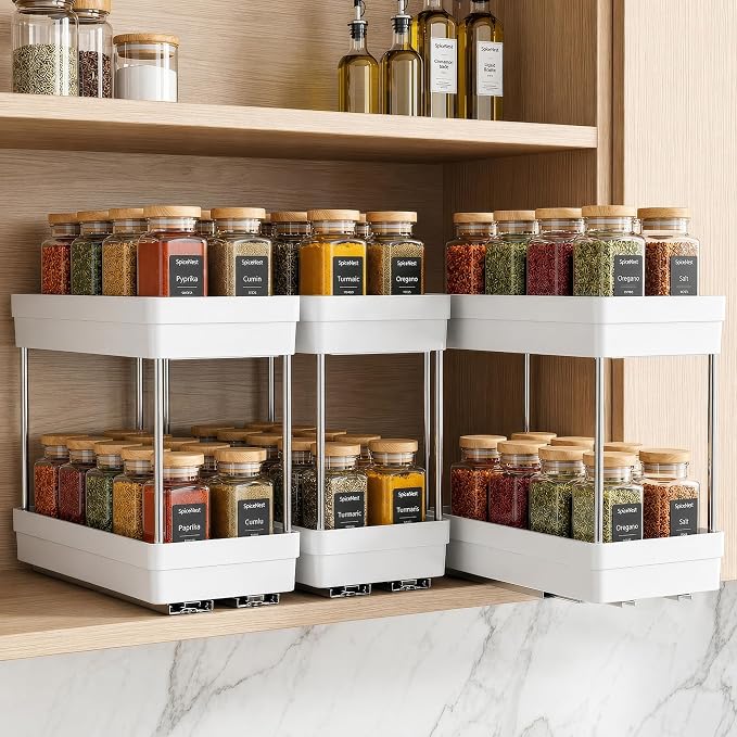 Pull Out Spice Rack, 3 Pack 2-Tier Cabinet Organizer, White | Kitchen Pantry Slide Out Seasoning, Fits Cabinets 12"H x 11"D x 5"W by Unknown
