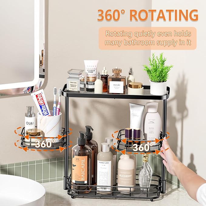 VITVITI 3 Tier Bathroom Organizer Countertop, Counter Storage Shelf, Black | Metal Wire Bathroom Vanity Mesh Bath Room Sink Kitchen Rack with 360 Rotating Basket - Image 3