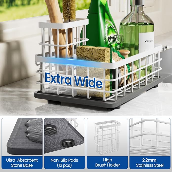 Kitchen Sink Organizer, Large Sink Caddy with Sponge Holder & Diatomite Mat | Cleaning Supplies in One Place, Kitchen Countertop Organizer, Home Essentials, Brush Holder, Quick Dry Tray, Fewer Puddles - Image 4