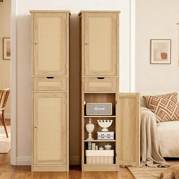 Iwell Tall Narrow Storage Cabinet with Doors, Rattan Cabinet with Adjustable Shelves, Freestanding Linen Storage for Living Room, Entryway, Kitchen, Bathroom, Natural - Image 2