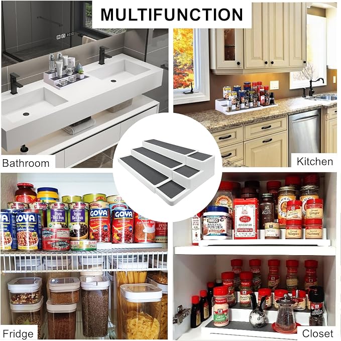 CiWiVOKi 3 Tier Expandable Spice Rack Organizer, White/Grey Plastic Spice Rack, Adjustable Length 14.6In-25.8In, 2 Pack Non-Skid Tiered Spice Shelf Organizer for Kitchen Cabinet, Cupboard, Pantry - Image 6