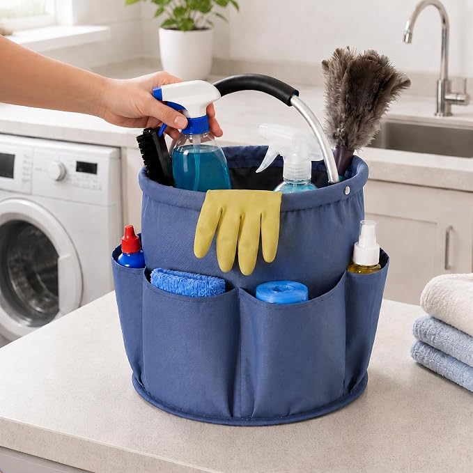 Cleaning Caddy with Handle, Large Supply Organiser 17L with 6 Pockets, Cleaning Products Organiser, Foldable Storage Basket, Portable Cleaning Caddy for Home (Blue) - Image 6