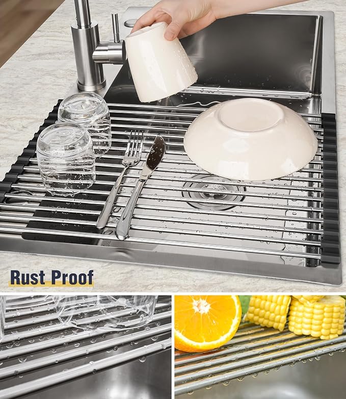 Tomorotec Roll Up Dish Drying Rack Over Sink, 304 Steel, 17.7x12.5, Black | Anti-Slip Silicone Rims For Grip, Heat-Resistant Trivet Mat Holding Heavy Cookware, Rustproof Kitchen Counter Space Saver - Image 2