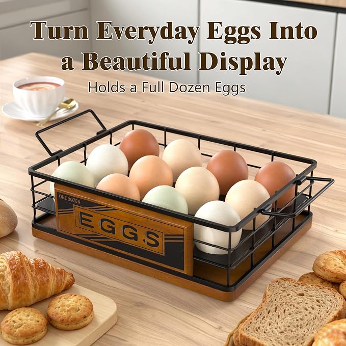 Farmhouse Egg Holder Countertop, Oak Wood & Metal Egg Basket with Handles | Stackable Rustic Egg Tray Organizer for Kitchen Counter, Holds 12 Eggs, Removable Divider for Fresh Egg Storage, Walnut - Image 2
