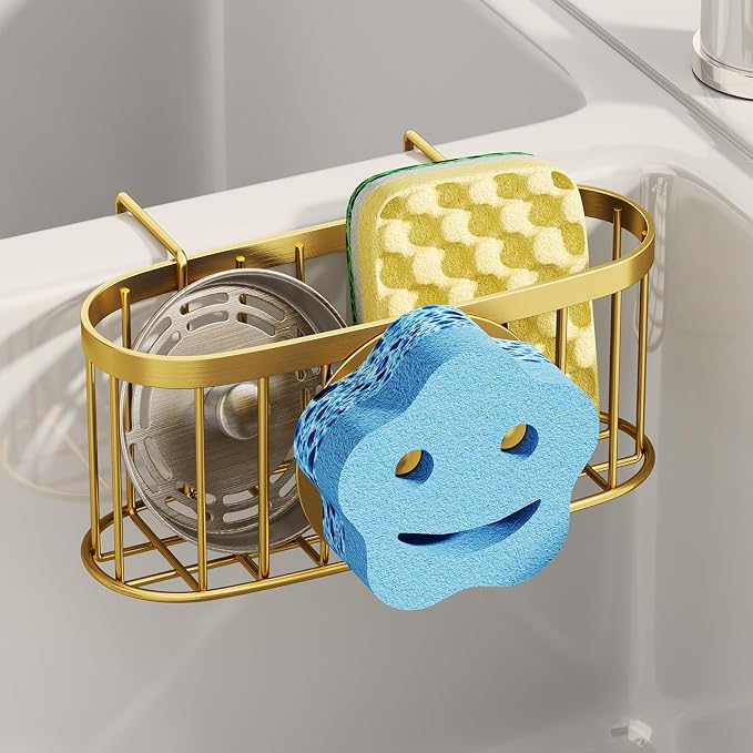 SWTYMIKI Sponge Holder for Kitchen Sink - Movable Sink Caddy with Smiley Face Sponge Holder, Rustproof Hanging Sponge Organizer in Double Bowl Sinks Depth>3.15in, Middle Divider<1.5in, Gold by SwtyMiki-TidyHomeSweetLife
