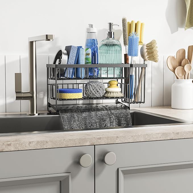 Cisily 2-Tier Kitchen Sink Caddy Organzier Rack with Dish Brush Sponge Holder | Kitchen Sink Countertop Organization Storage,Home Decor Accessories Essentials Stainless Steel - Image 7