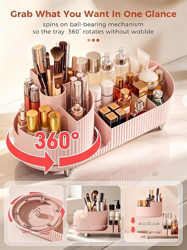 Booklov Rotating Makeup Organizer for Vanity Countertop, Pink | Plastic Cosmetic Display Case, Large Beauty Brush Holder for Bathroom Counter, Skin Care Perfumes Storage - Image 6