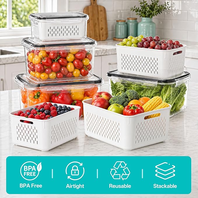 HOMETALL 5 Pack Fruit Storage Containers for Fridge Set, Fruit Washing Bowl with Strainer, Reusable Fridge Organizers and Storage for Berry Salad Lettuce, Size 4.5, 3.4, 1.8, 0.9, 0.4QT - Image 7