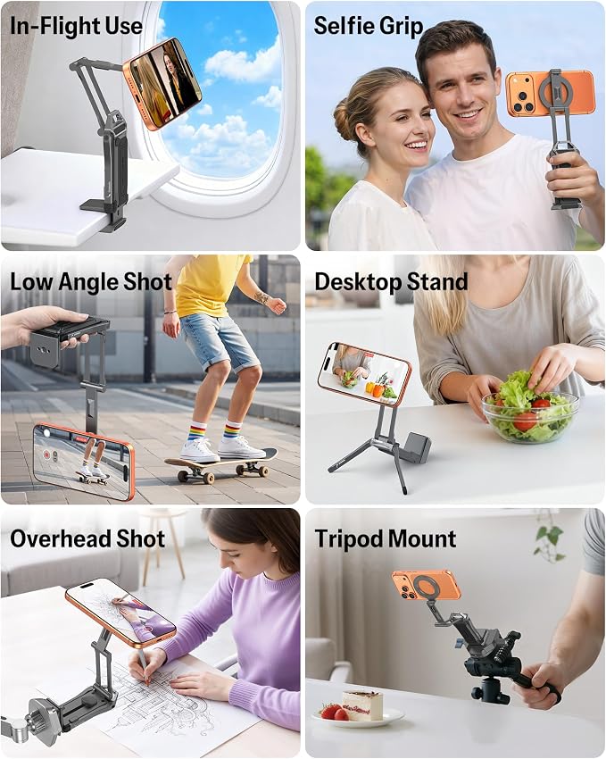 OMOTON TP02-Pro Magnetic Phone Holder, 5-in-1 Tripod Stand with Rear Attachment Plate | Desk, Kitchen, Gym, Vlogging | iPhone 12-17 Series, Grey - Image 5