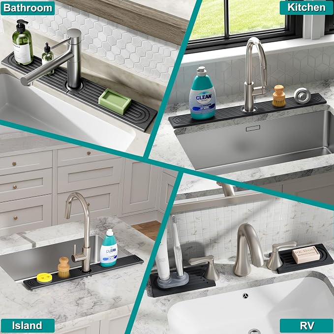 Stone Faucet Mat for Kitchen Sink - Quick Dry Diatomite Sink Splash Guard, Prevents Moisture Buildup & Water Stains, Water Absorbing Stone Tray for Bathroom Countertop (Dark Gray, 23.6" x 4") - Image 9