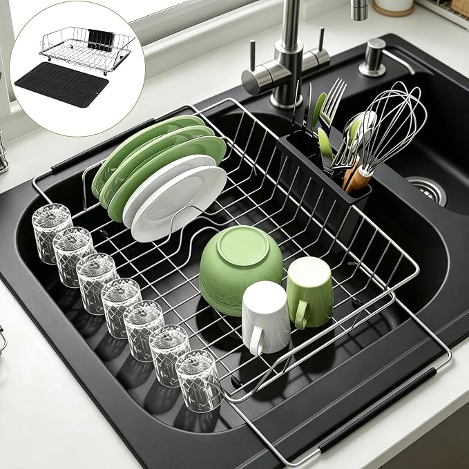 in Sink Expandable Dish Drying Rack with Silicone Mat-Extra Large Stainless Steel Dish Drainer Over The Sink with Utensil Holder, Applicable for Sink Width 16'-22' (Silver,23.2'*12.2') by HAYAWEY