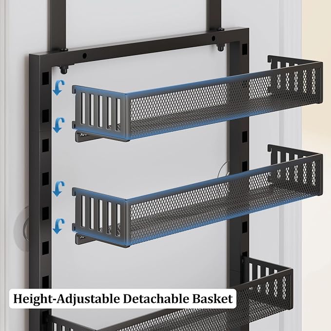 8-Tier Over the Door Pantry Organizer with Adjustable Baskets | Over the Door Spice Rack, Wall-Mounted or Hanging Shelves for Kitchen, Laundry Room, Bathroom(Black,19.3"W x 5.2"D x 72.6"H) - Image 4