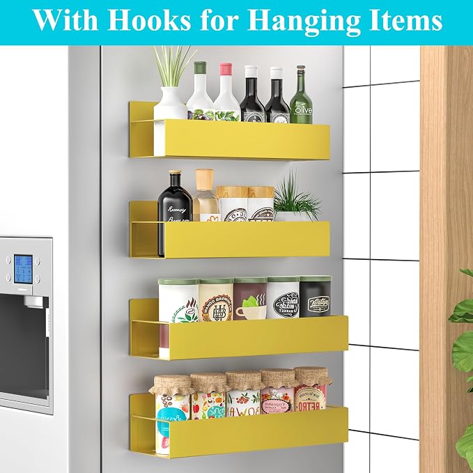 Metal Magnetic Spice Rack for Refrigerator Gold, 4 Pack | Magnetic Shelves Heavy Duty for Fridge in Kitchen, Seasoning Storage Organizer, For Oven Washer and Dryer, For Heavier Items - Image 2