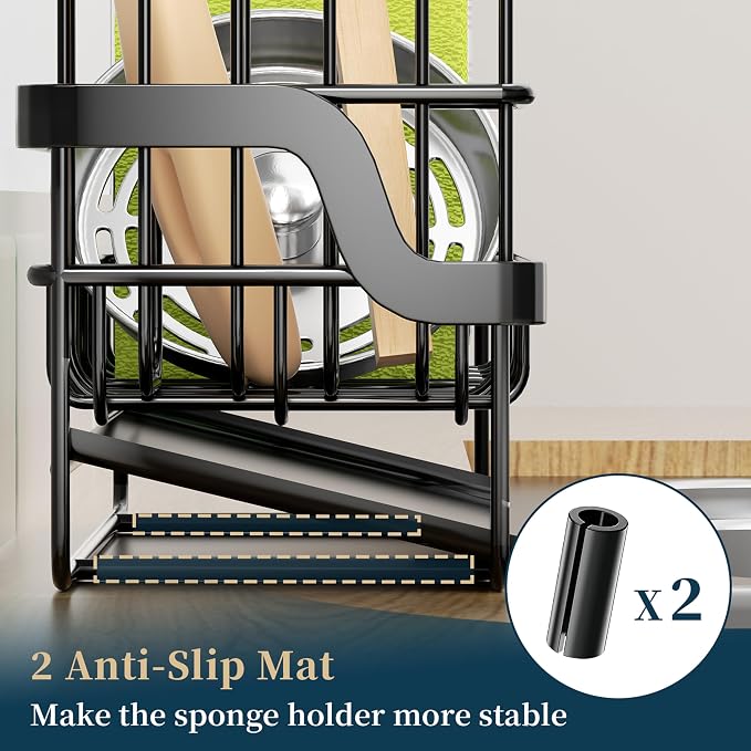 Consumest Sponge Holder for Kitchen Sink - Sink Caddy with Stainless Steel Self Drain Tray, Sink Organizer with High Brush Holder Countertop for Kitchen Sink Accessories, Black - Image 6