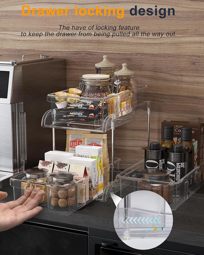 2-Pack 2-Tier Under Sink Organizers with Sliding Drawers | Multi-use kitchen & bathroom storage, 10.6 inch clear cabinet organizer, space-saving sliding drawer design. - Image 4