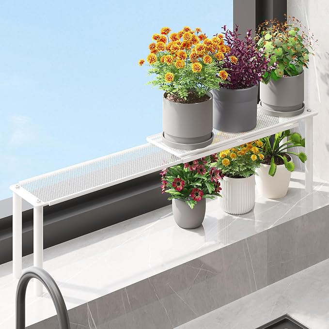 Expandable Kitchen Sink Organizer Window Shelf for Plants Stackable Narrow Shelves Kitchen Countertop Holder Mesh Design (1, White (Depth 3.54")) by WOCHUANGSI