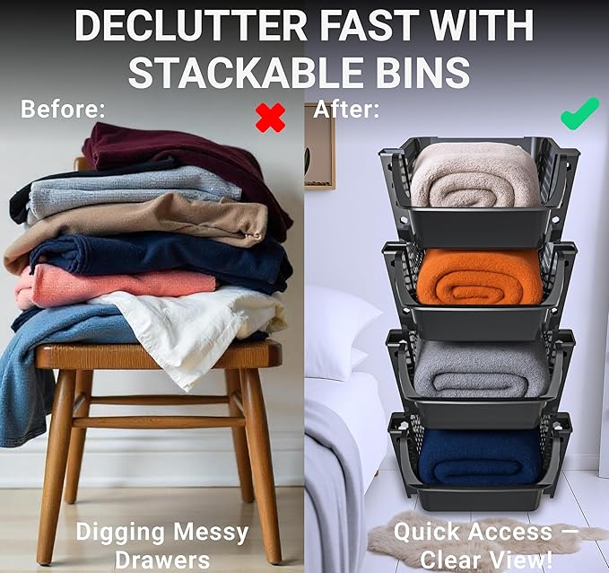 Skywin Stackable Storage Bins Open Front for Pantry Storage, 4 Pack - Black | Sturdy Plastic, Easy Stacking, Breathable & Open Front Design, Pantry Storage for Snacks, Toiletries, and Small Essentials - Image 4