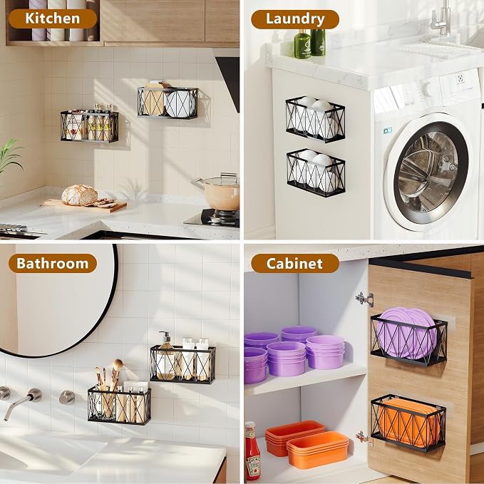4 Pack Cabinet Door Organizer, Adhesive Inside Cabinet Door Storage for Kitchen Bathroom, Lid Organizer Compatible with Tupperware Pyrex, Wall Mounted Basket for Pantry Under Sink, Black - Image 7