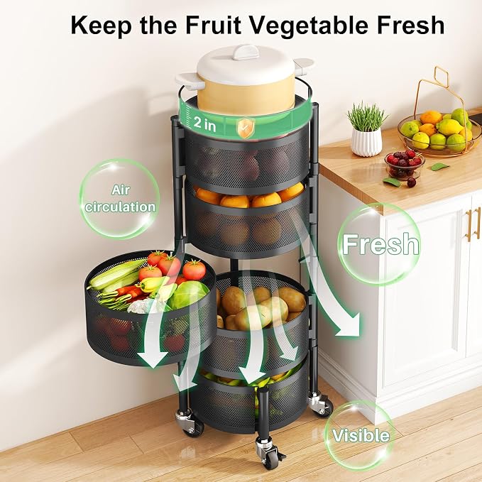 SAYZH 5 Tier Fruit Vegetable Basket Stand for Kitchen, Rotating, Black | Rolling Storage Cart with top lid, Large Metal Wire Rack for Potato and Onion Storage - Image 3