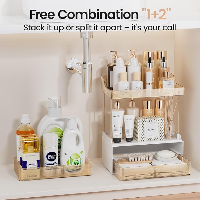 Delamu 4-Tier Makeup Organizer, Bathroom Counter Storage, 2 Drawers, Amber | Elegant Vanity Organizer Gift for Women, Holds Perfume, Skincare, Nail Polish & Hair Accessories for Bathroom Countertop - Image 6