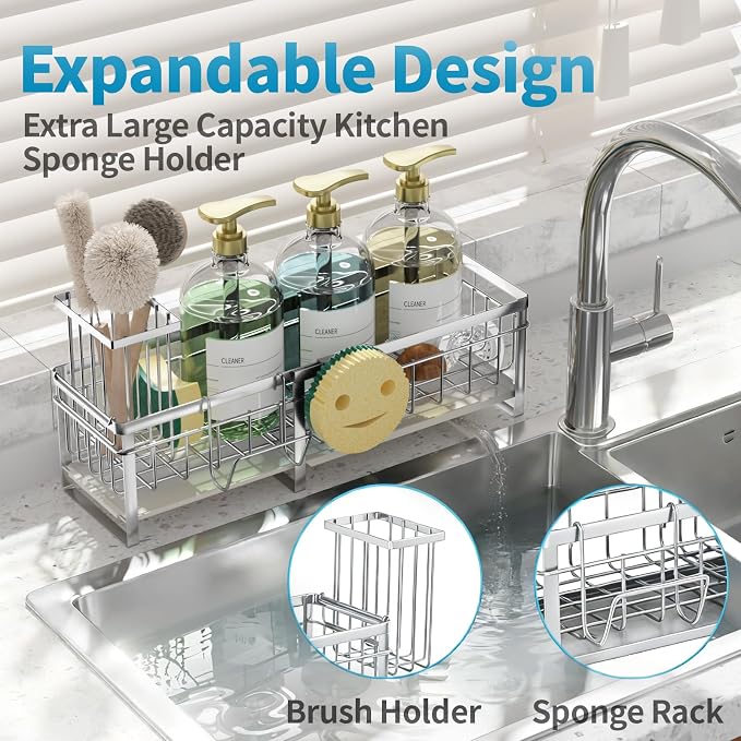 Extra Large Extendable Sponge Holder for Kitchen Sink Caddy Organizer | Rustproof Sink Caddy Organizer with High Brush Holder, Dish Soap Dispenser Organizers and Storage (Black) - Image 4