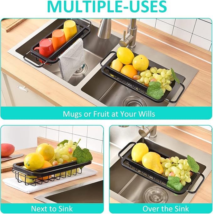 TOOLF Expandable Sink Caddy with Dish Towel Bar, Adjustable Over-The-Sink Organizer for Kitchen, Rustproof Sponge Holder and Drying Rack - Image 5