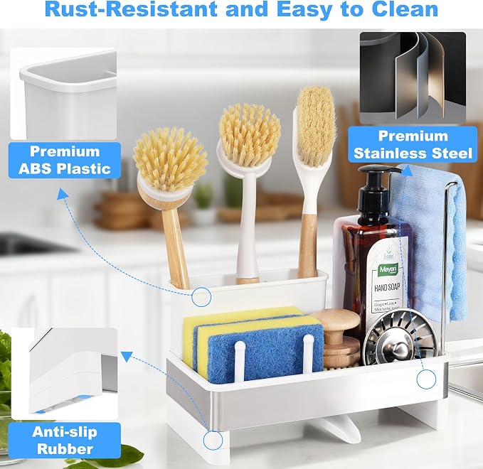 Sponge Holder for Kitchen Sink Caddy Organizer, Dish Brush Holder | Stainless Steel Sponge Caddy for Kitchen Countertop Organizer, Rustproof Dish Soap and Sponge Rack with Dishcloth Drying Rack - Image 4