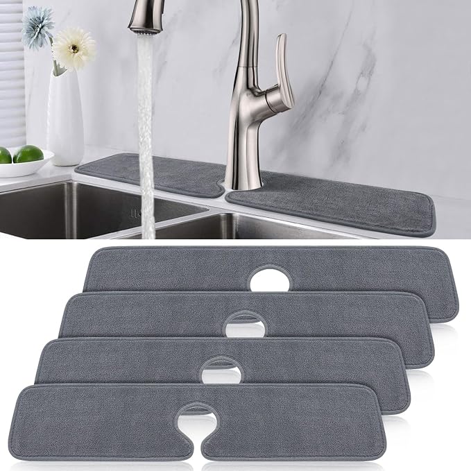 PoYang 4 Pack Faucet Mat for Kitchen Sink Splash Guard, Long 24x5.1 Inch | Super Absorbent Microfiber Faucet Mat, Catch Splashes and Drips, Machine Washable Sink Protectors for Kitchen, Bathroom & RV by PoYang