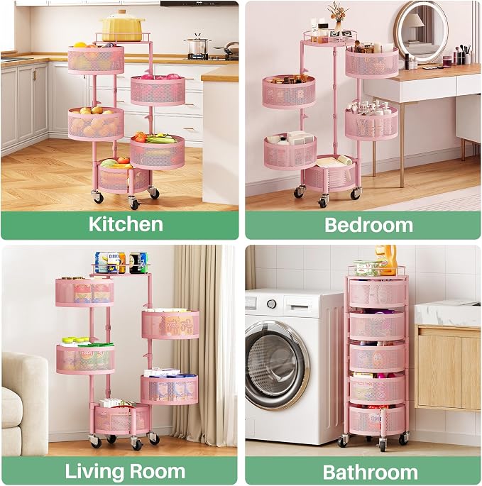 SAYZH 5 Tier Fruit Vegetable Basket Stand for Kitchen, Rotating, Pink | Rolling Storage Cart with top lid, Large Metal Wire Rack for Potato and Onion Storage - Image 6