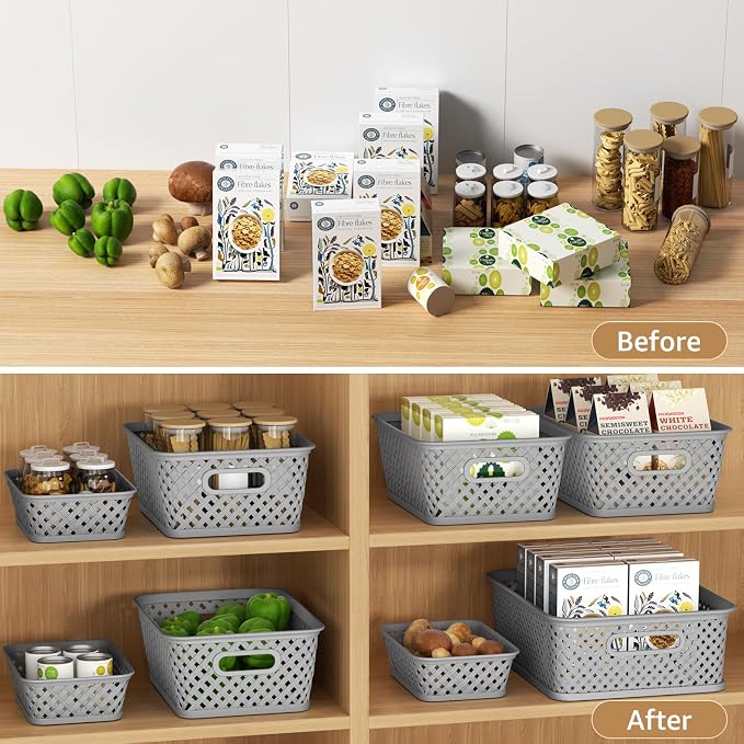 MaxGear 3 Pack Plastic Storage Baskets, Small, Grey | Durable Woven Plastic with Built-In Handles, Suitable for Shelves, Closets, Cabinets, Bathrooms and Offices - Image 3