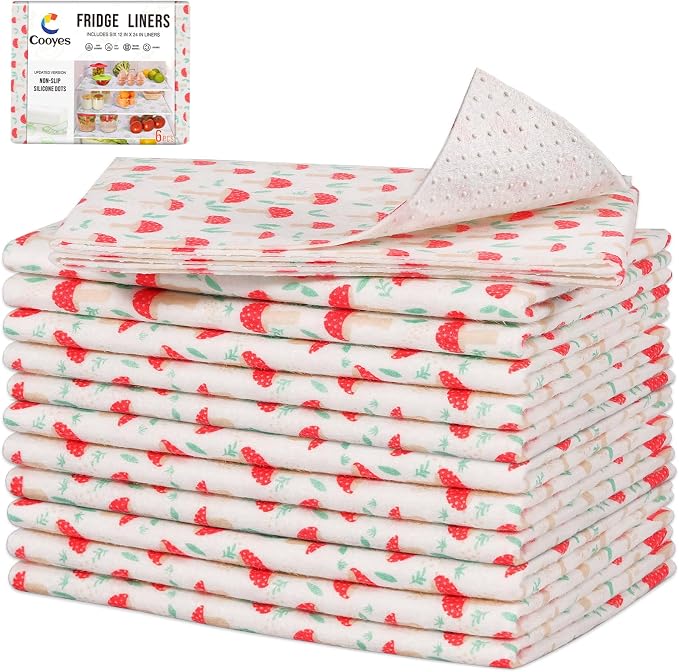 Cooyes 12 Pack Cloth Shelf Liners for Kitchen Cabinets, 17.7" × 36", Non-Slip Refrigerator Liners Machine Washable, Crisper Drawer Mats for Glass Shelves and Freezers, (Red Mushroom) by Cooyes