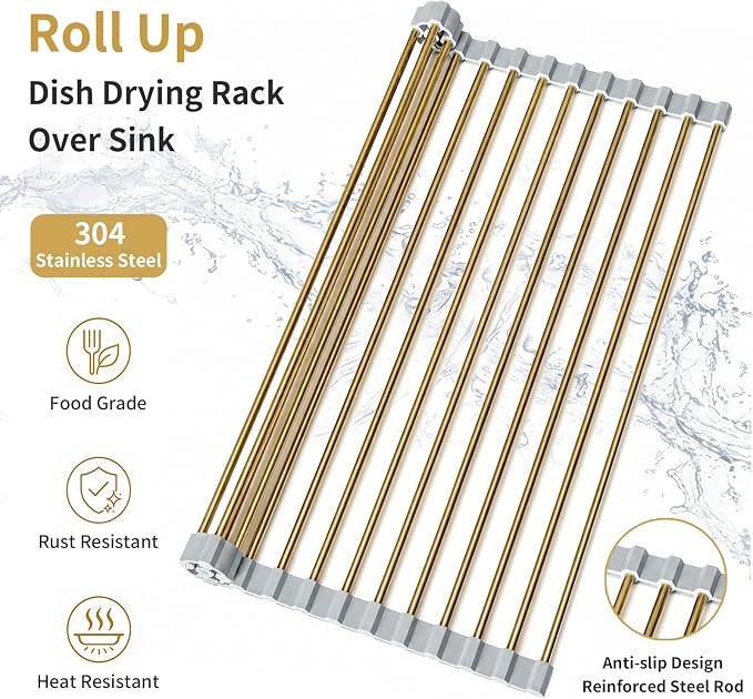 Gold Roll Up Dish Drying Rack Over Sink, Foldable Stainless Steel Drainer Non-Slip Sink Drying Rack Sink Accessories for Kitchen Countertop (17.8×15.7in) - Image 6