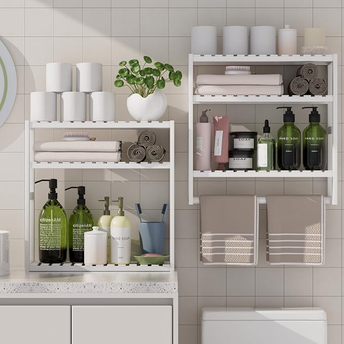 Towel Rack Bathroom Storage Shelves Over The Toilet with Towel Bar 100% Bamboo Adjustable Height Floating Shelf Wall Shower Shelf for Small Space Bathroom Kitchen Multi Usage White New 2Pack by PPN