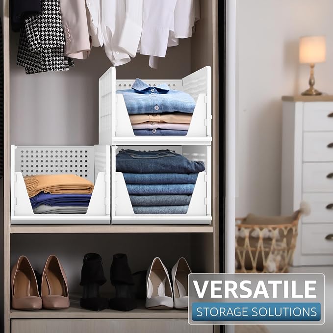Sorbus 3 Pack Folding Closet Shelf Organizer for Clothes - Versatile Stackable Storage Baskets for Closet, Bathroom, Kitchen and Garage - Easy Access Open Front Design - Plastic Organizer Shelves - Image 5