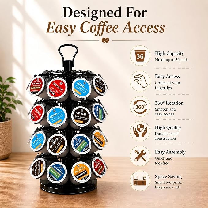 K Cup Holder-Coffee Pod Holder Organizer for 36 Pods,4-Tier K Cup Storage | K Cup Organizer,Stable Base,360°Rotating K Cup Carousel,Space-Saving for Countertop&Office,Coffee Pod Carousel Easy Assembly - Image 5