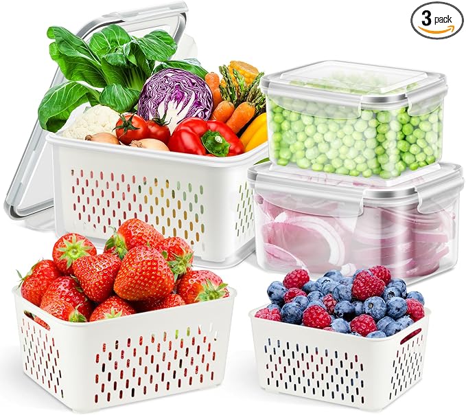 TBMax Fruit Storage Containers for Fridge, 6 Pcs Produce Saver with Colander for Rinsing, Berry Containers Lettuce Keeper Refrigerator Organizers Airtight Food Storage with Lid by TBMax