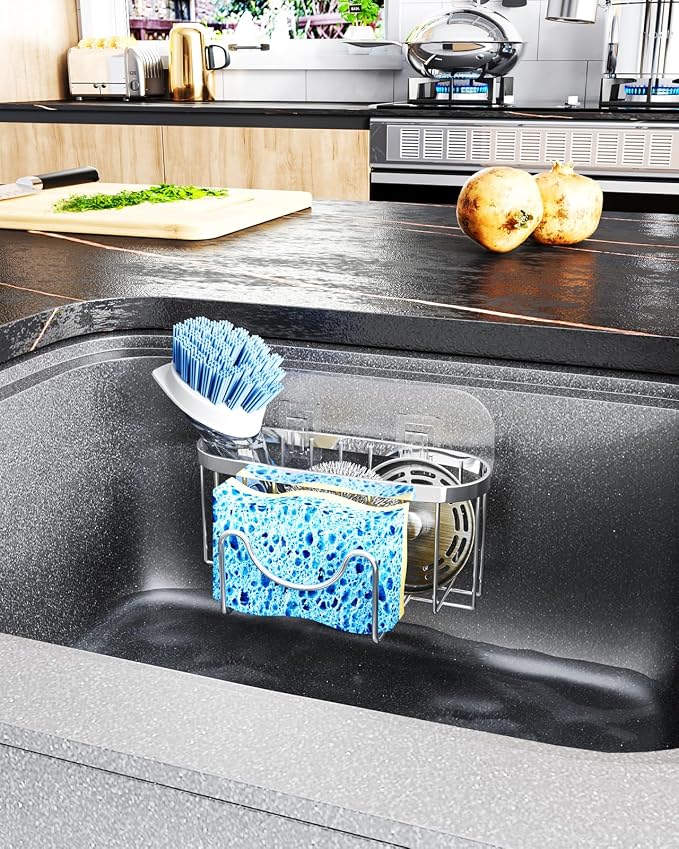 HapiRm Multifunctional Adhesive Kitchen Sink Organizer with M-Shaped, 2 Installation Methods Kitchen Sponge Holder, Rustproof Sponge Caddy for Brush, Sink Stopper and Scraper -Silver - Image 6