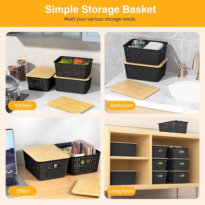 6 Pack Plastic Storage Baskets, Black bamboo lid storage Box | Labels, Stackable, For Organizing Shelves Pantry Drawers Desktop Closets Organizing Desktop Closet Playroom Classroom - Image 4