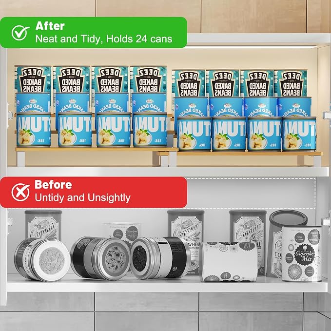 3-Tier Expandable Bamboo & Iron Can Organizer, Holds 30 Cans, White | Adjustable Can Organizer Rack for Pantry & Cabinets, Easy-Access Storage for Soda & Soup Cans, Assembly Required, White - Image 9