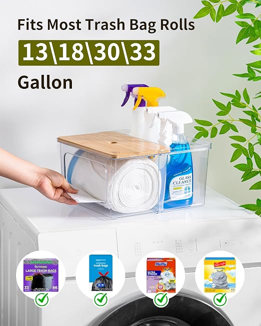 iCASA Trash Bag Dispenser Dishwasher Pods Container Under Sink Organizer | 5 in 1 Stackable Trash Bag Holder Garbage Bag Dispenser for 13/30/33 Gallon Bags, Clear Storage Bins Laundry Pods Container - Image 4