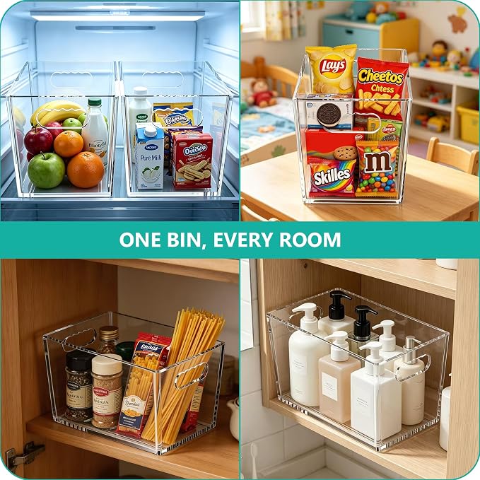 4 Pack Clear Storage Bins, PET Pantry Organizers & No-Tip Storage Containers with Cutout Handles for Fridge Freezer Kitchen Cabinet Closet Countertop, Nestable Open Top Organization Bins Save Space - Image 5