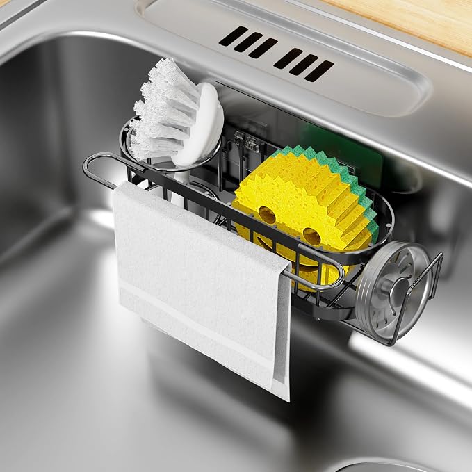 Cisily Kitchen Sponge Holder for Kitchen Sink with 2 Suction Cups/1 Adhesive Strips, Stainless Steel Kitchen Caddy Sink Organizer, Brush Holder, Dish Cloth Hanger, Sink Stopper Holder (Black) by CISILYHOMELIFE